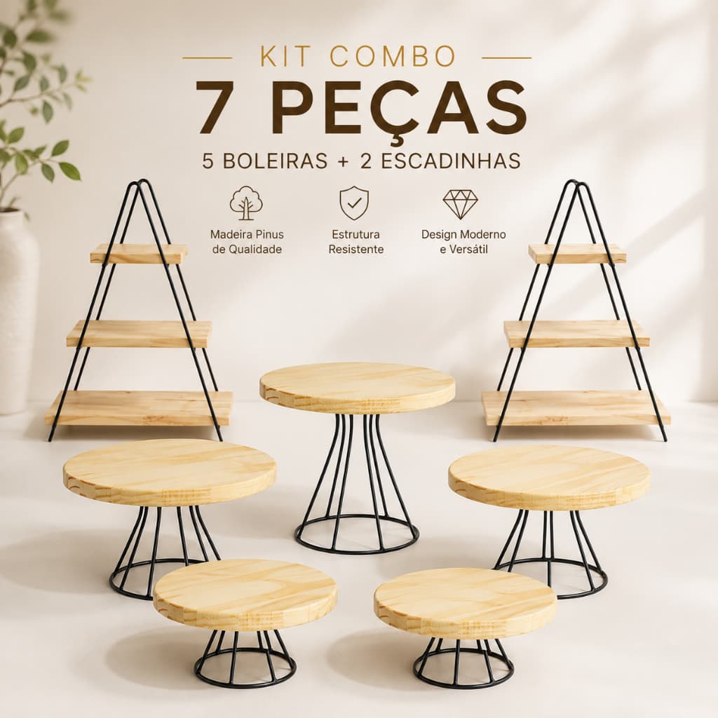 Combo 7 Kit Prateleira 2 Escadinhas + Boleira Doceiras Mesa Eventos Festas Decorativas Madeira Ferro
