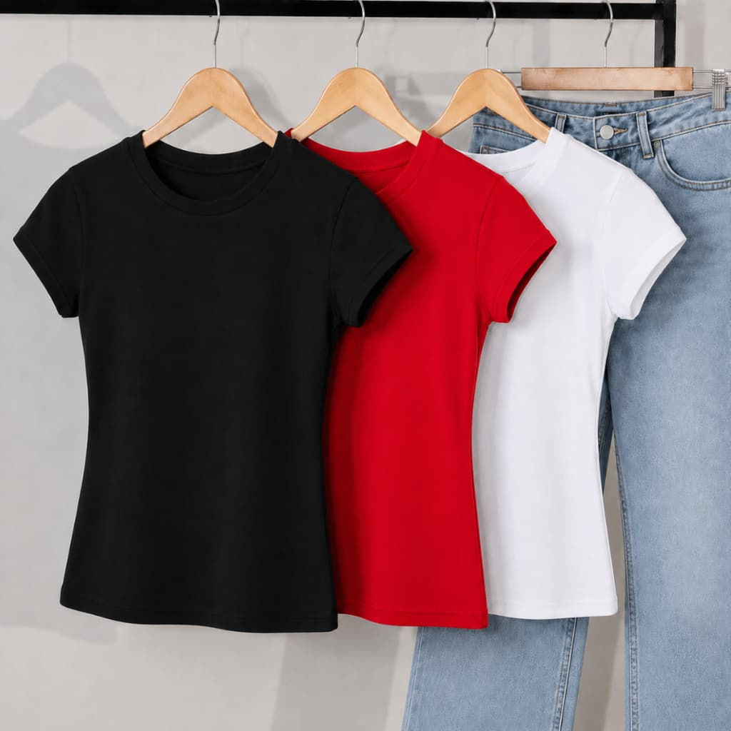 Kit 3 Blusas Baby Tee Femininas Slim Fit  T-Shirt Moda CasualBásica