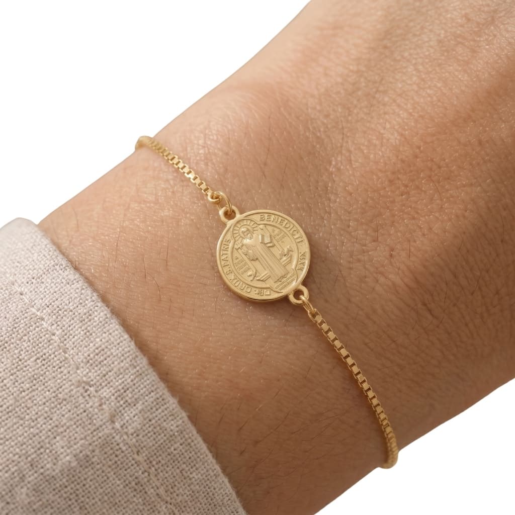 Bracelete Pulseira São Bento Religioso Banhado Ouro18 Prata925 Anti Alergico Presente Acessorio Feminino Mimo