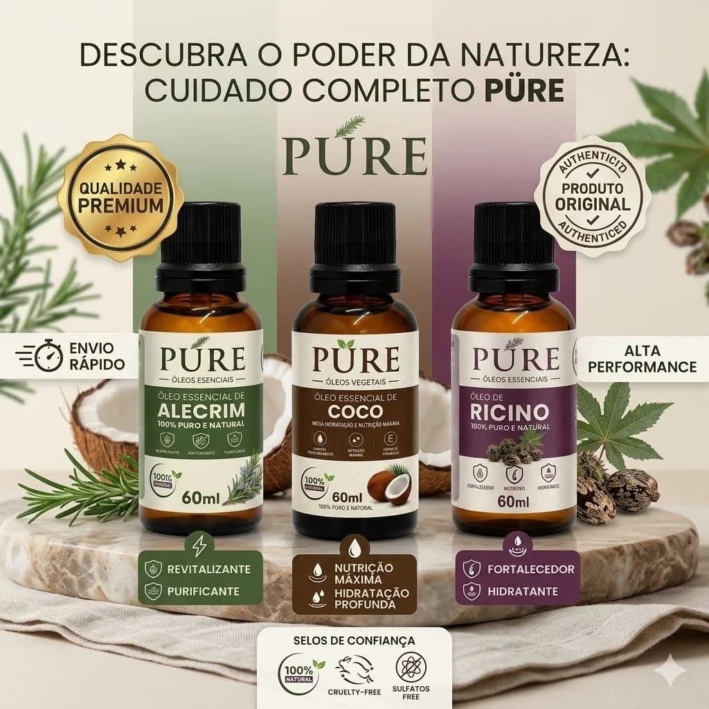 KIT Terapia Capilar 3 ÓLEOS Cronograma Óleo de Coco + Ricino + Alecrim 60ml Tratamento Capilar