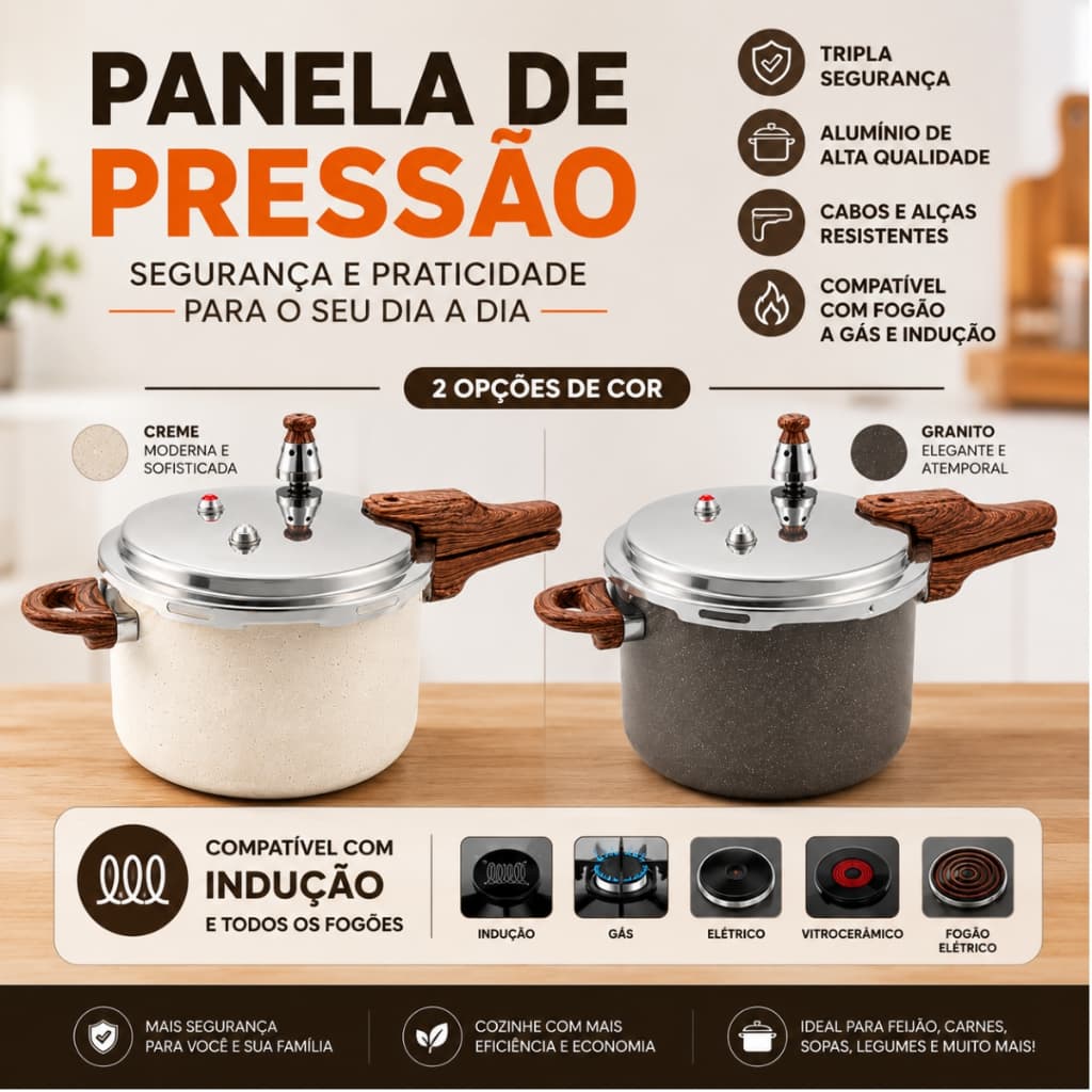 Panela Pressão Cerâmica Granito Indução 4,2L 3 Válvulas Segurança Pratitudo Essencial