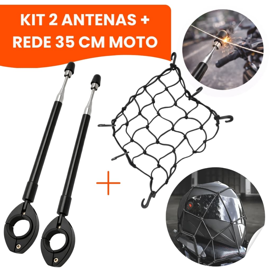 Kit 2 Antena Corta Pipa Retrátil + Rede Elástica Moto Aranha 35 cm 7 Estágios Anti Cerol Aço Inox