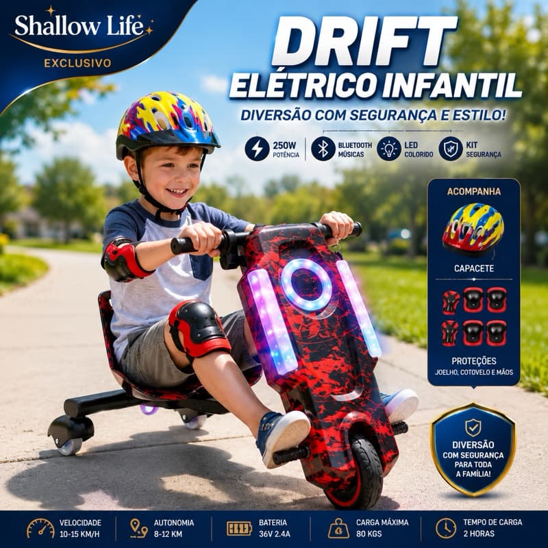 Triciclo Drift Elétrico Infantil 250W com Bluetooth LED Kit Segurança Recarregável