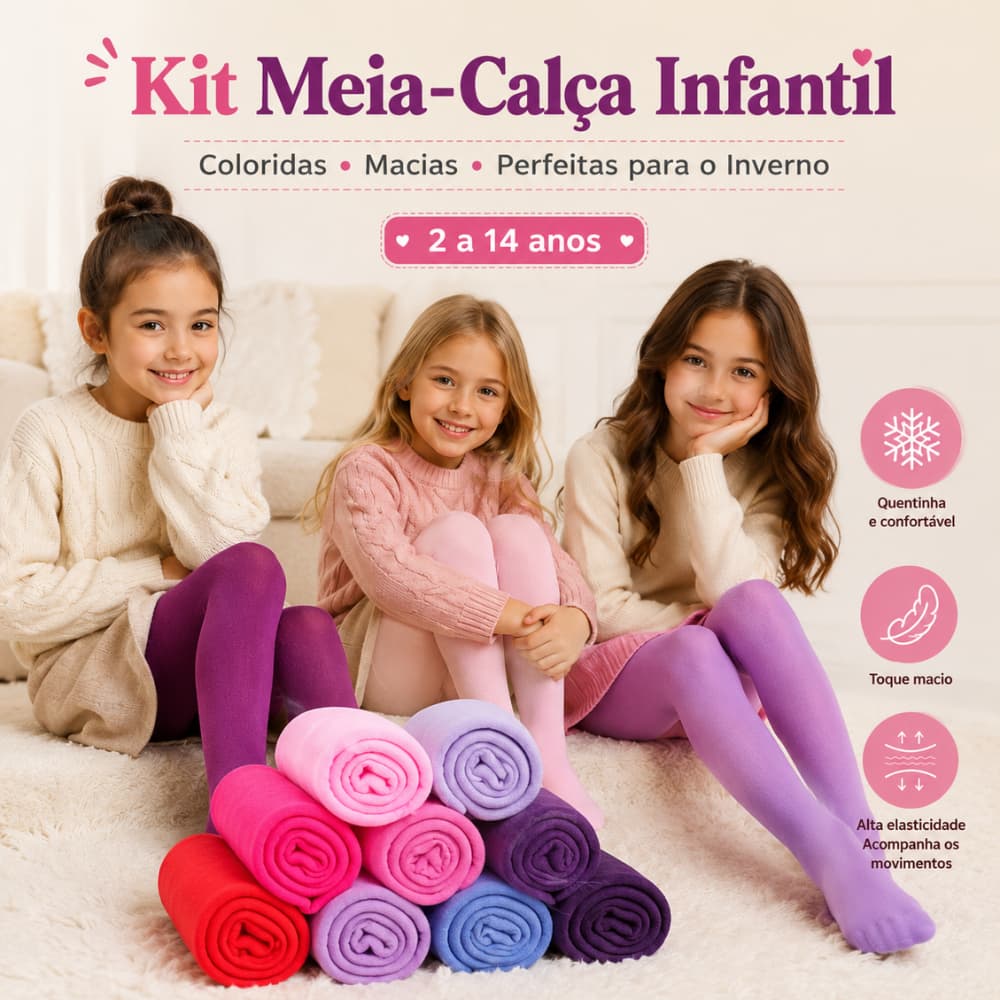 Kit 2 Meias Calças Infantil Menina Coloridas Quentes Macias para Frio e Inverno