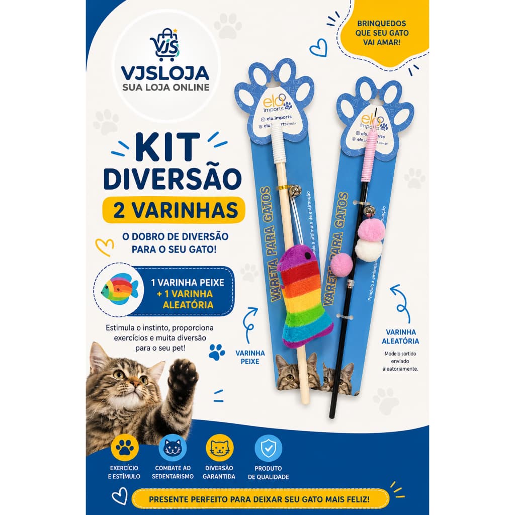 Kit com 2 Varinhas para Gatos Modelos Diversos com Guizo Interativo Pet