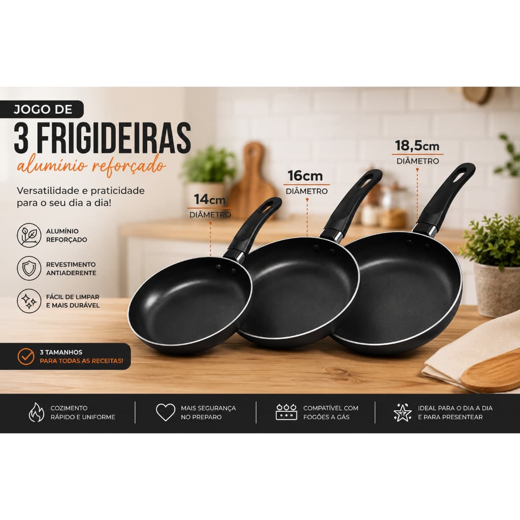 Kit de Frigideiras Preto - 3 peças Antiaderente + Espatula de Brinde- panela pequena - frigideira de ovo -