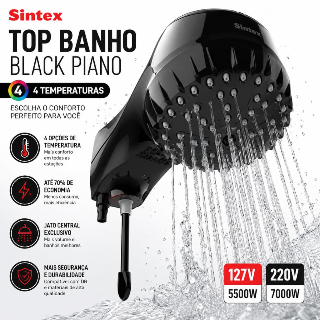 Chuveiro Elétrico Sintex Top Banho Black Piano 4 Temperaturas Preto 127V 5500W Ou 220V 7000W