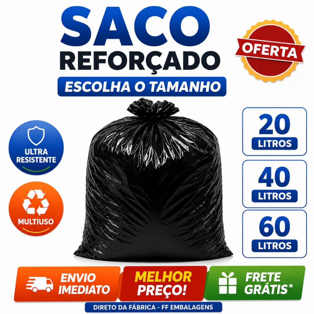 Saco de Lixo Preto c/100un Disponível em 60L 40L 20L Resistente Direto da Fábrica