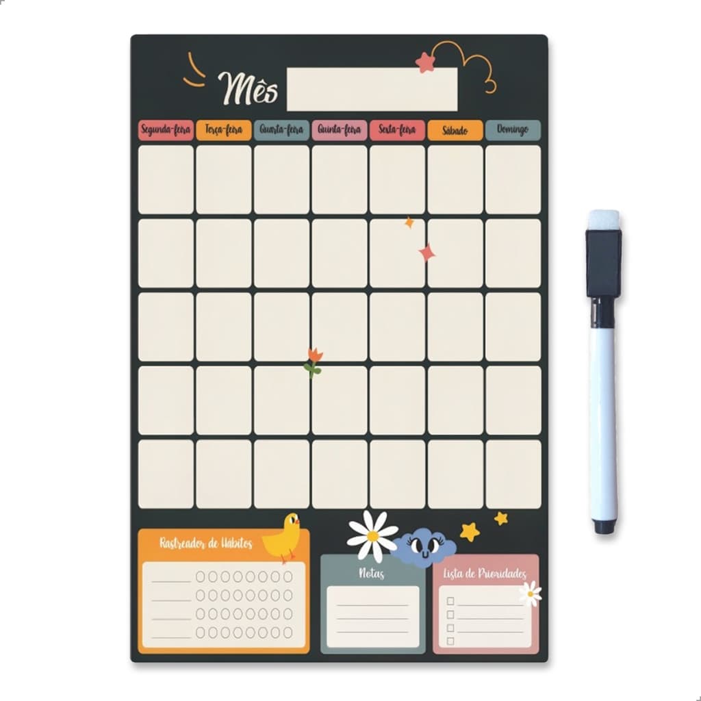 Lousa Magnética Planner Calendário Imã Recados Com Caneta Para Anotações