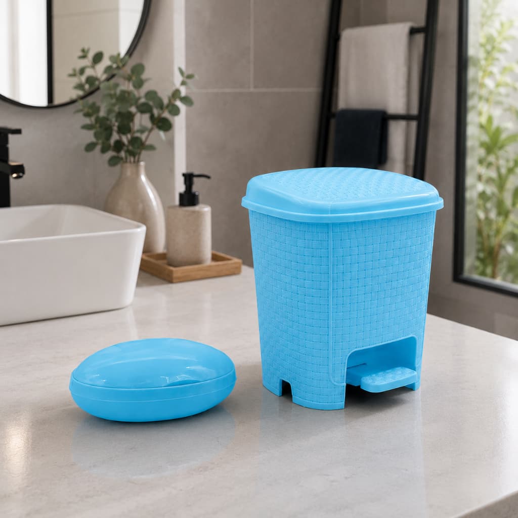 Kit Organização Banheiro Lixeira Rattan com Pedal 6L + Saboneteira Porta Sabonete  Tampa Resistente