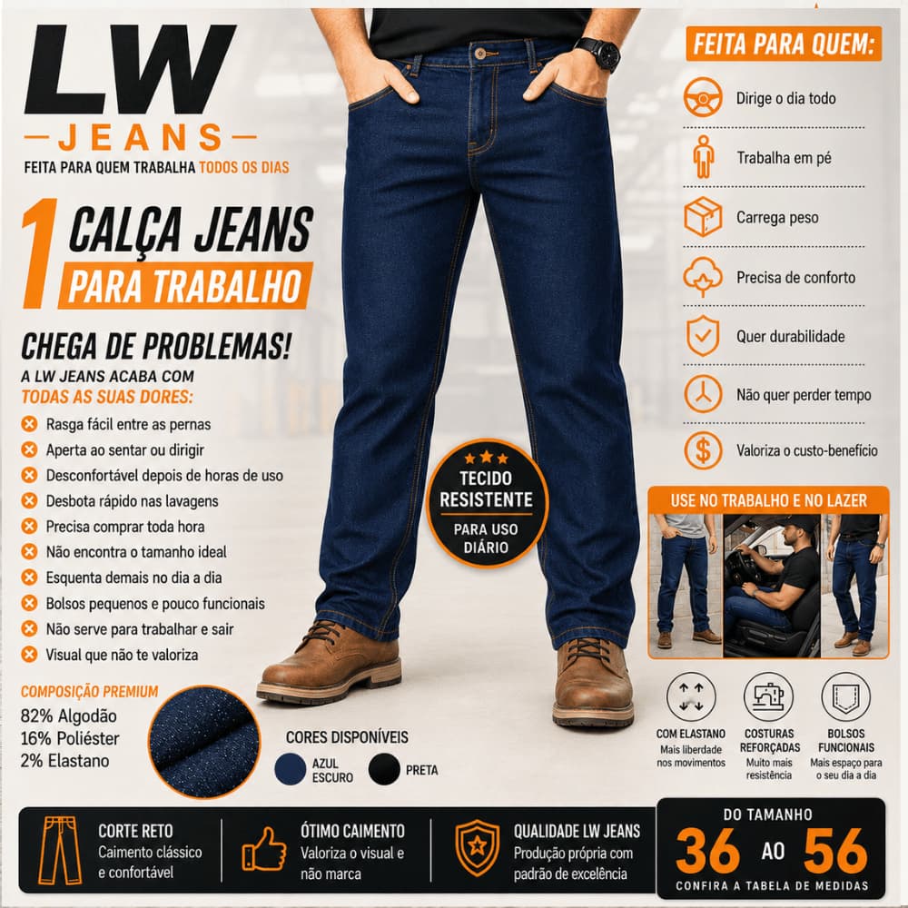 Calça Jeans Masculina Azul Escuro Preto do 36 ao 56 Trabalho Reta Lycra Elastano
