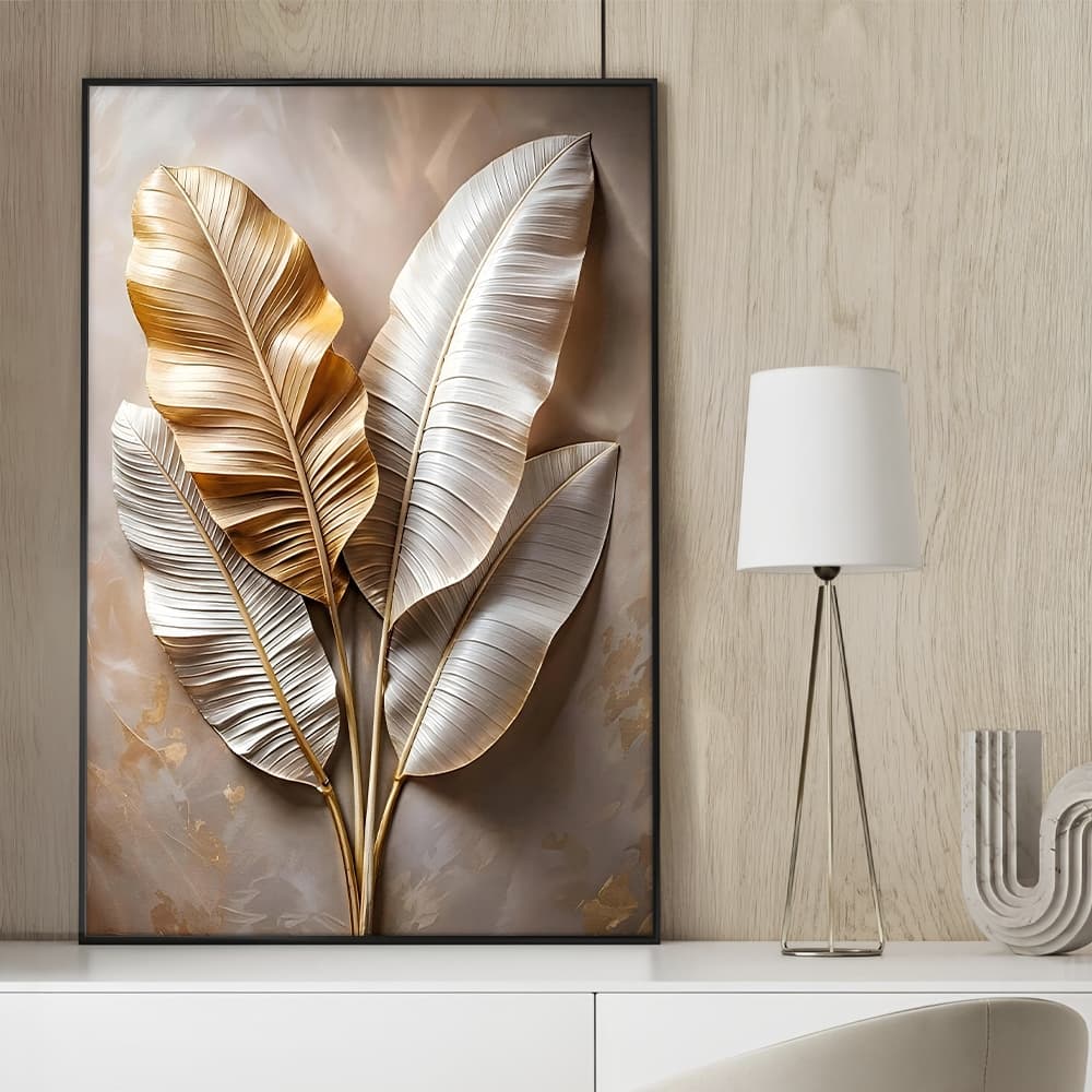 Quadro sem Vidro Floral Folhas Brancas e Douradas Elegance I Quadro Decorativo