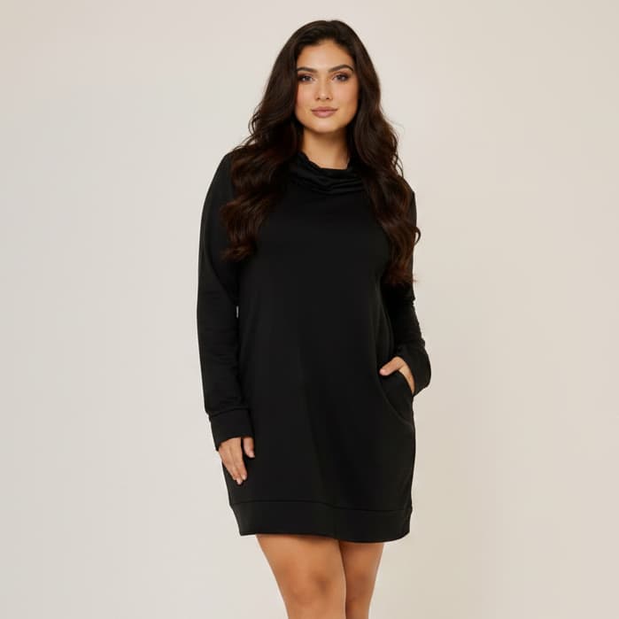 Vestido Feminino Inverno Gola Alta Manga Longa Soltinho com Bolsos Casual Elegante Confortável