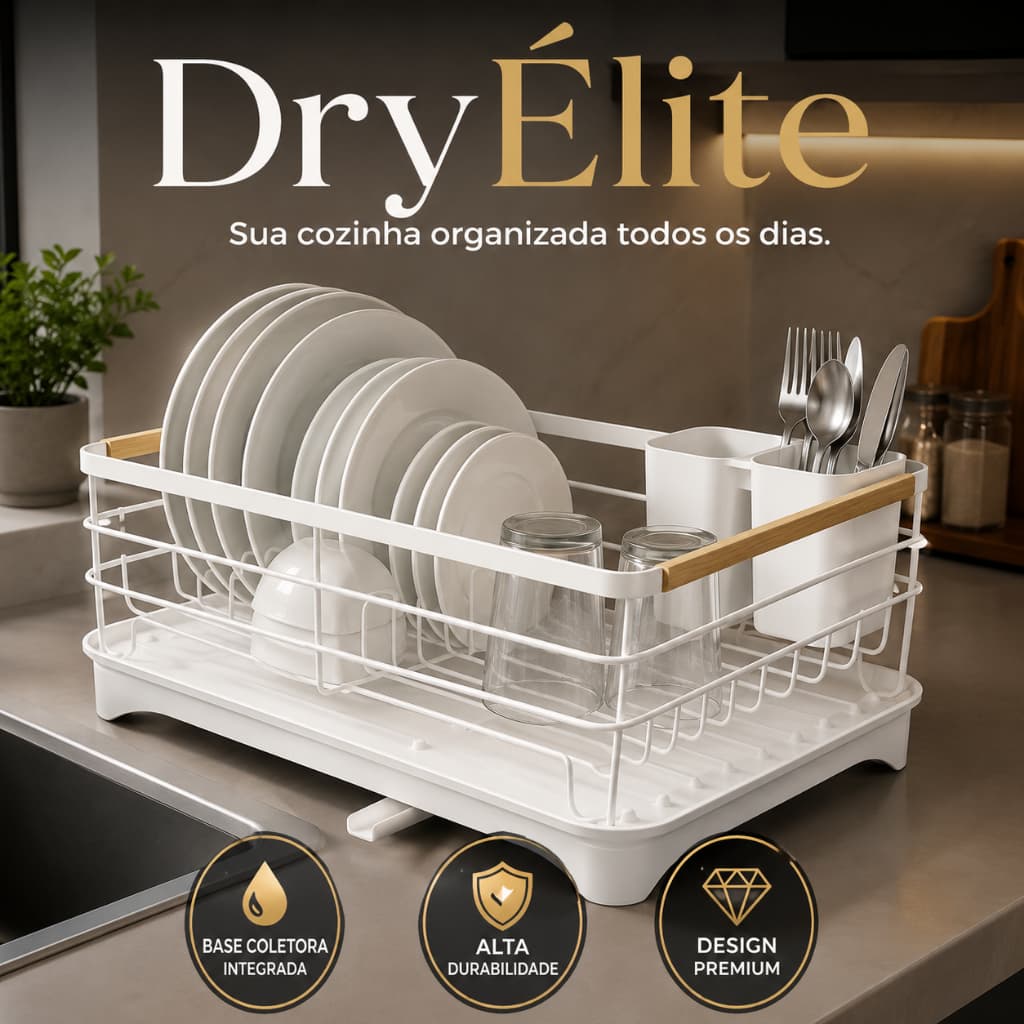 Escorredor de Louça Organizador de Pia com Base Coletora Porta Talheres Grande Branco DryÉlite