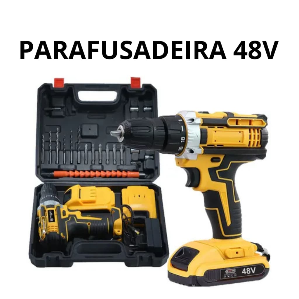 Parafusadeira 48V Sem Fio Bivolt Com 2 Baterias Kit Completo