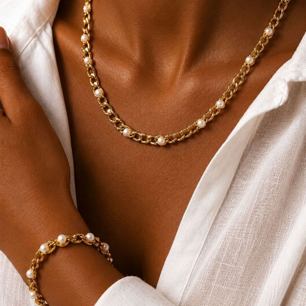 Conjunto Feminino Colar e Pulseira Com Pérolas Elegante