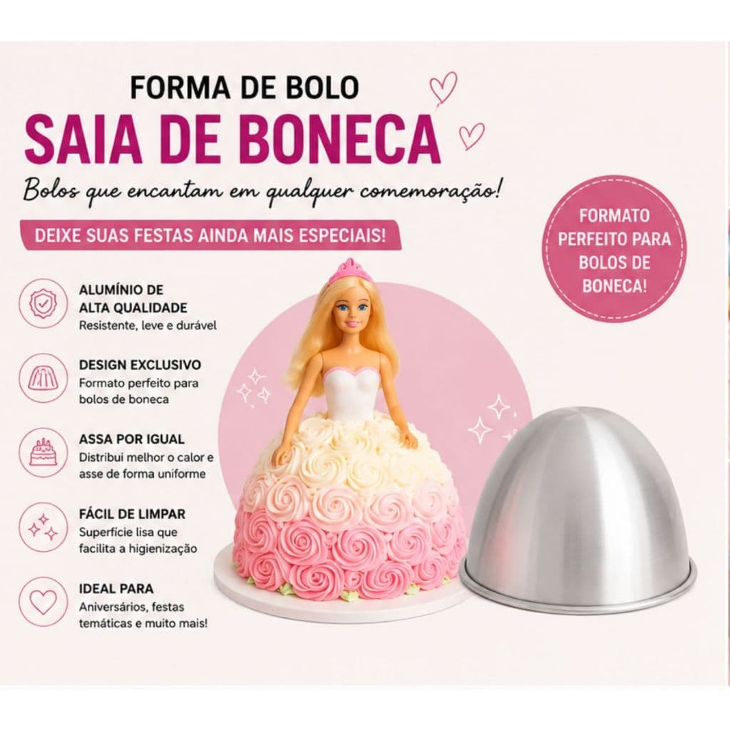 Forma de Bolo Saia de Boneca Alumínio 22,5x15,5x6,5 cm | Forma para Bolo Princesa e Boneca