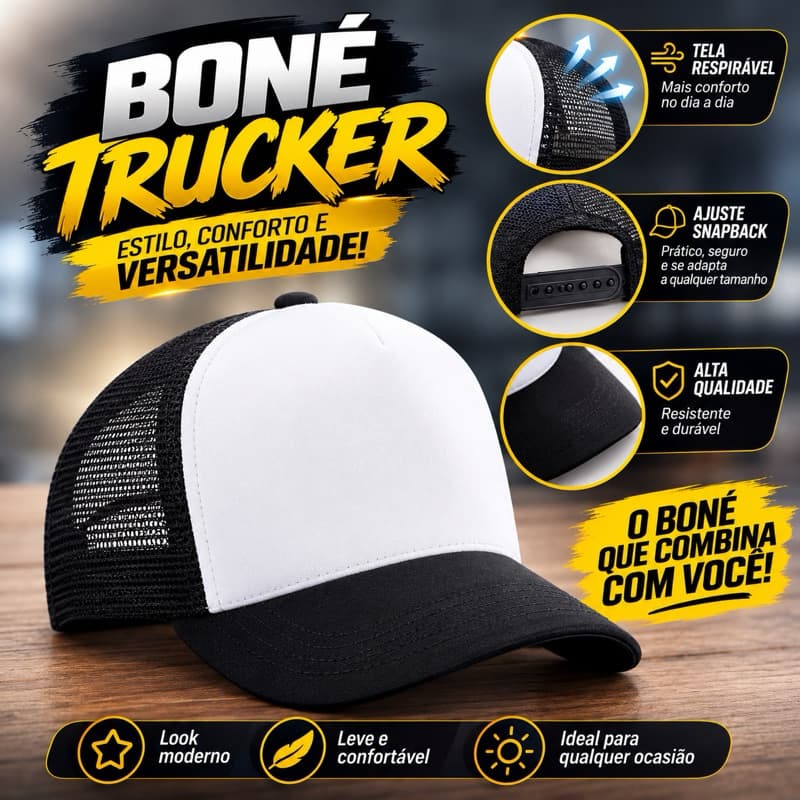 Boné Trucker Liso e Tela com Aba Curva