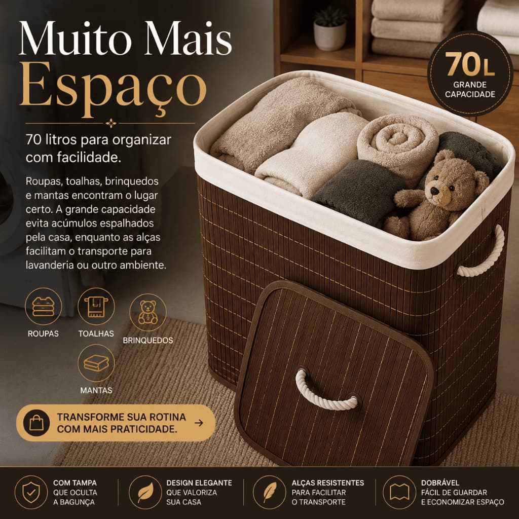Cesto de Bambu 70L LumiNest™ - Organize com Estilo!
