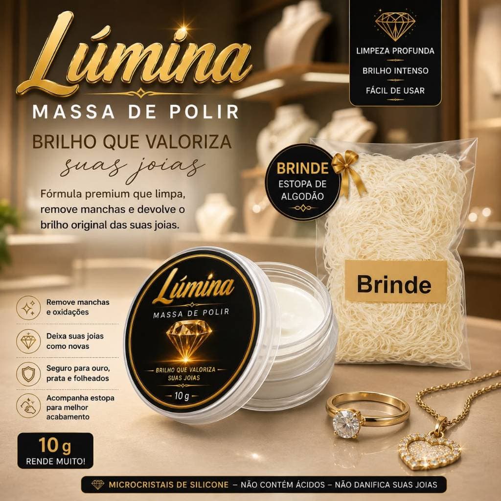 Pasta de Polir Joias Lúmina 10g Limpa Ouro Prata Folheados + Estopa Brinde