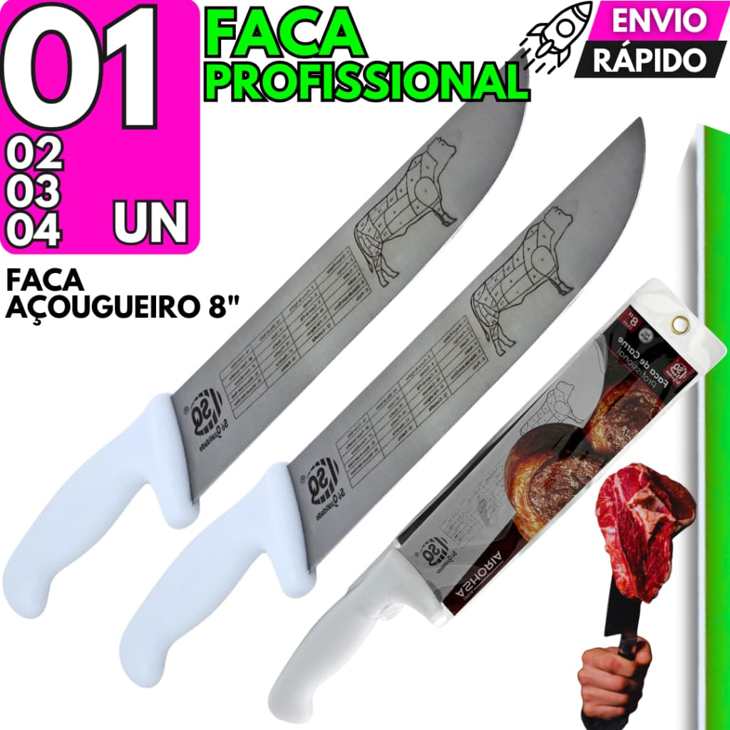Faca Churrasqueiro Inox Açougueiro 33cm 8 Polegadas Afiada Restaurante Carne Açougue Churrascaria