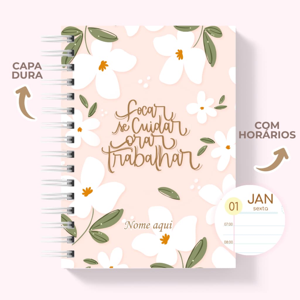 Agenda 2027 Personalizada com Horários para Trabalho Capa Dura A5 1DPP Estampa Motivacional Flores