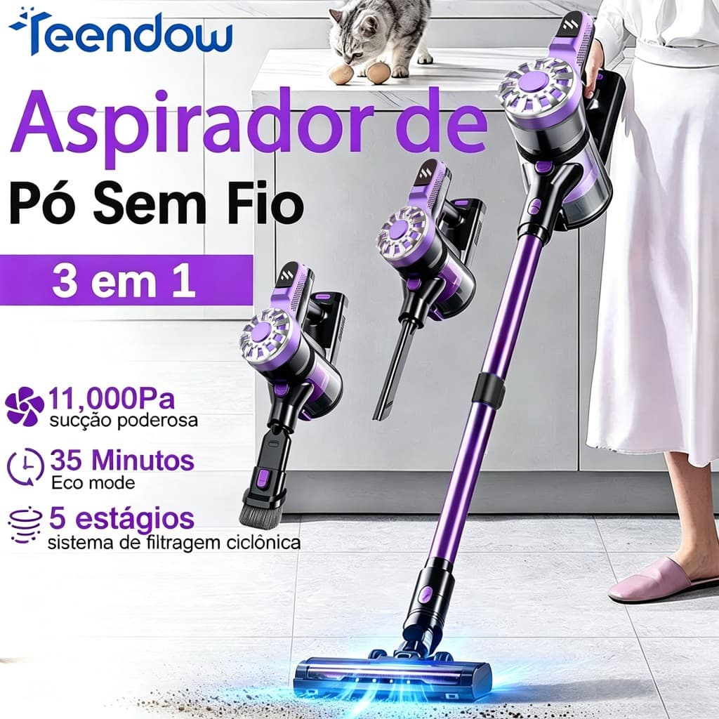 Aspirador de Pó Sem Fio 3 em 1 Teendow V07 11000Pa Bivolt para Casa Carro Automotivo Pelos de Animais