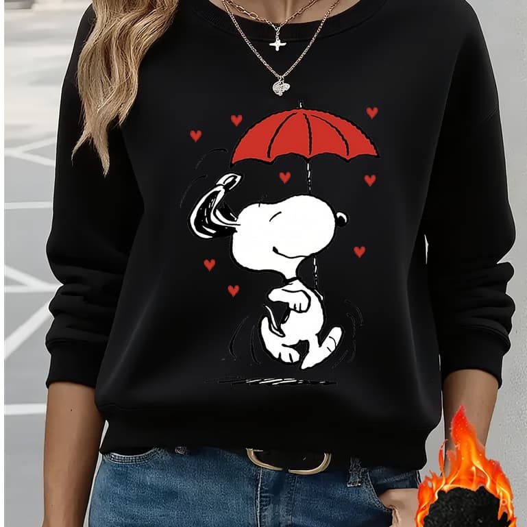 Moletom Casual Confortável com Estampa Fofa de Cachorro com Guarda-Chuva e Coração, Gola Redonda