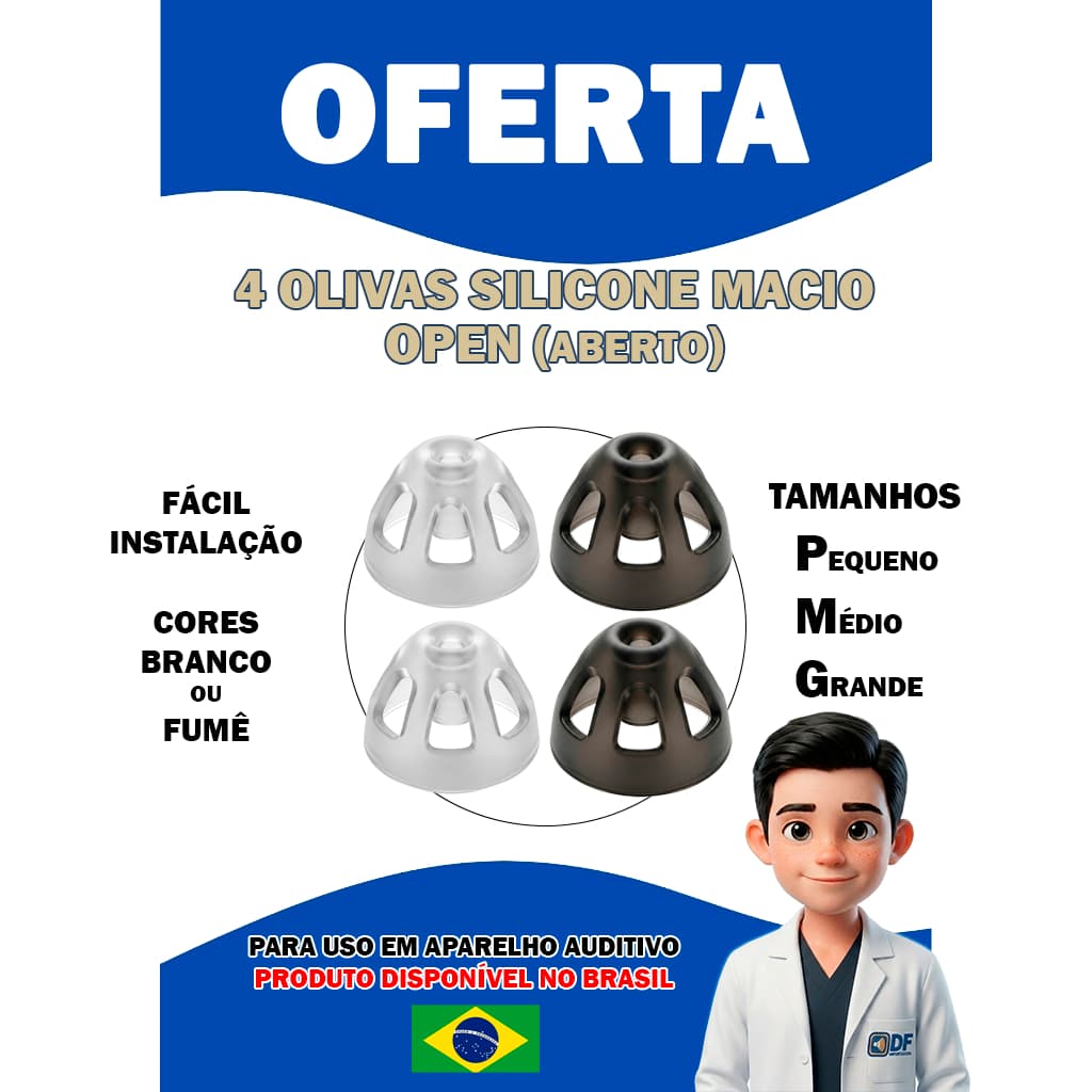 Pacote Com 4 Olivas Silicone Open ( Aberta ) para Aparelho Auditivo P M G