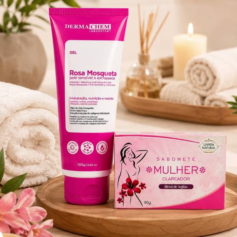 KIT GEL FACIAL ANTIRESSECAMENTO ROSA MOSQUETA, SABONETE MULHER CLAREADOR