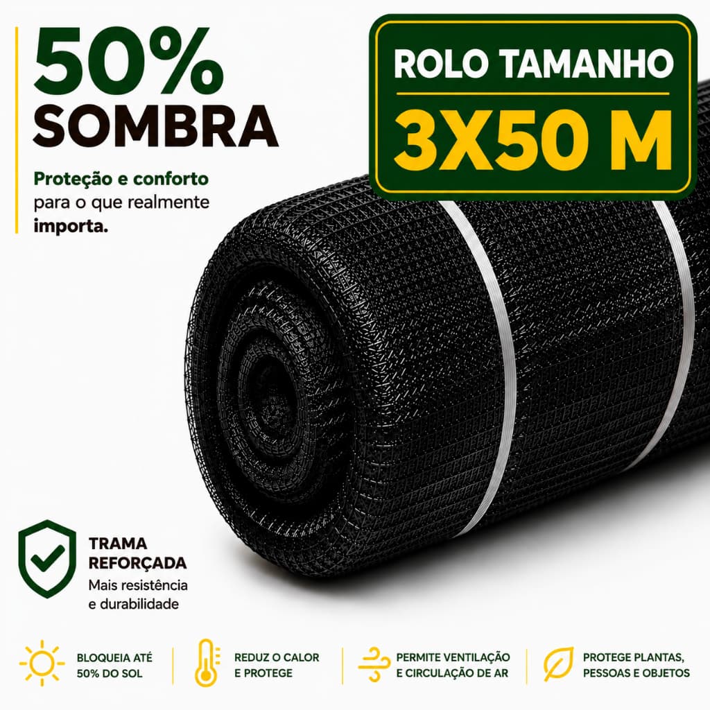 Tela Sombrite 50% Tamanho 3X50 Metros Sombreamento Horta Jardim Viveiro Mudas Flores Anti-UV