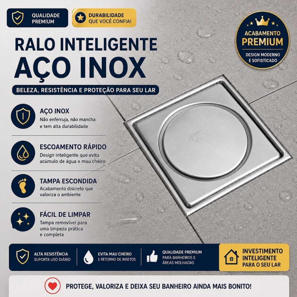 Ralo Click 10x10 Inox Oculto Abre e Fecha Anti Cheiro Premium