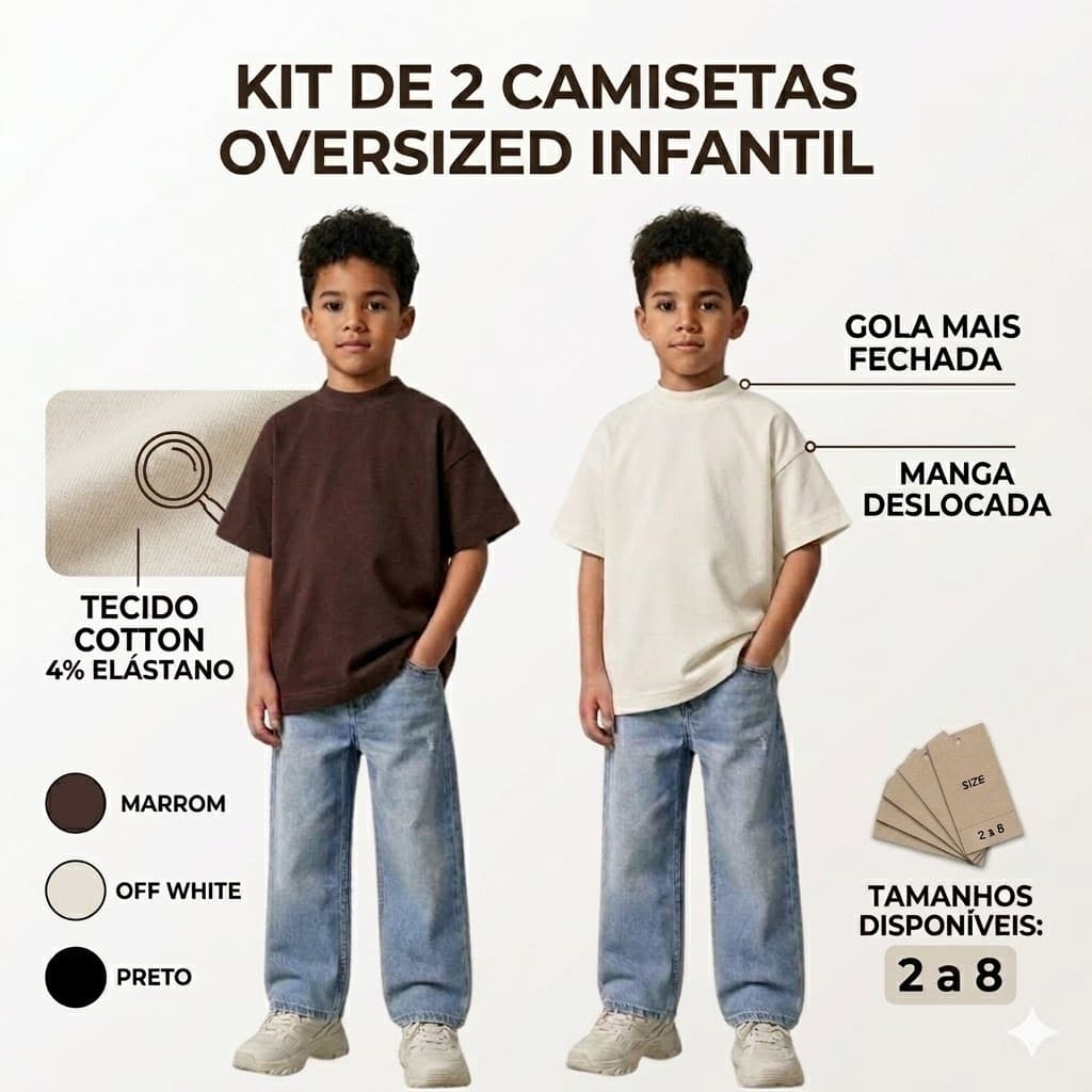 Kit 2 Camisetas Oversized Infantil Cotton Algodão Peruana 4% Elastano