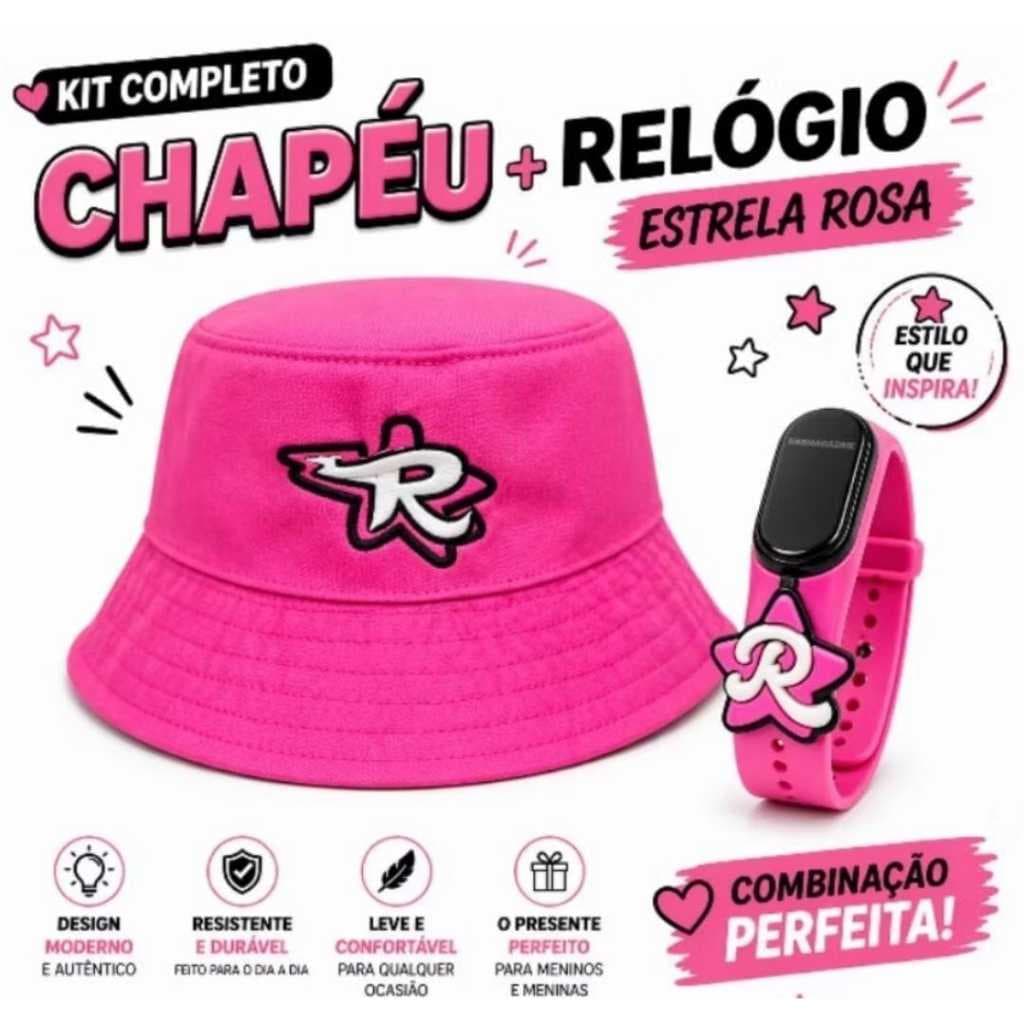 Kit Os Rosa Bucket Infantil + Relógio Digital à Prova D’Água Emily Vick, Leozin, Void, Ketlyn