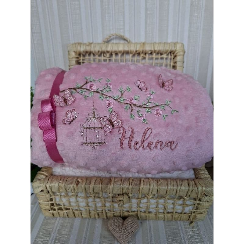Manta do bebê Rosa fleece pipoquinha personalizado  nome Bordado Maternidade Enxoval 80x95cm