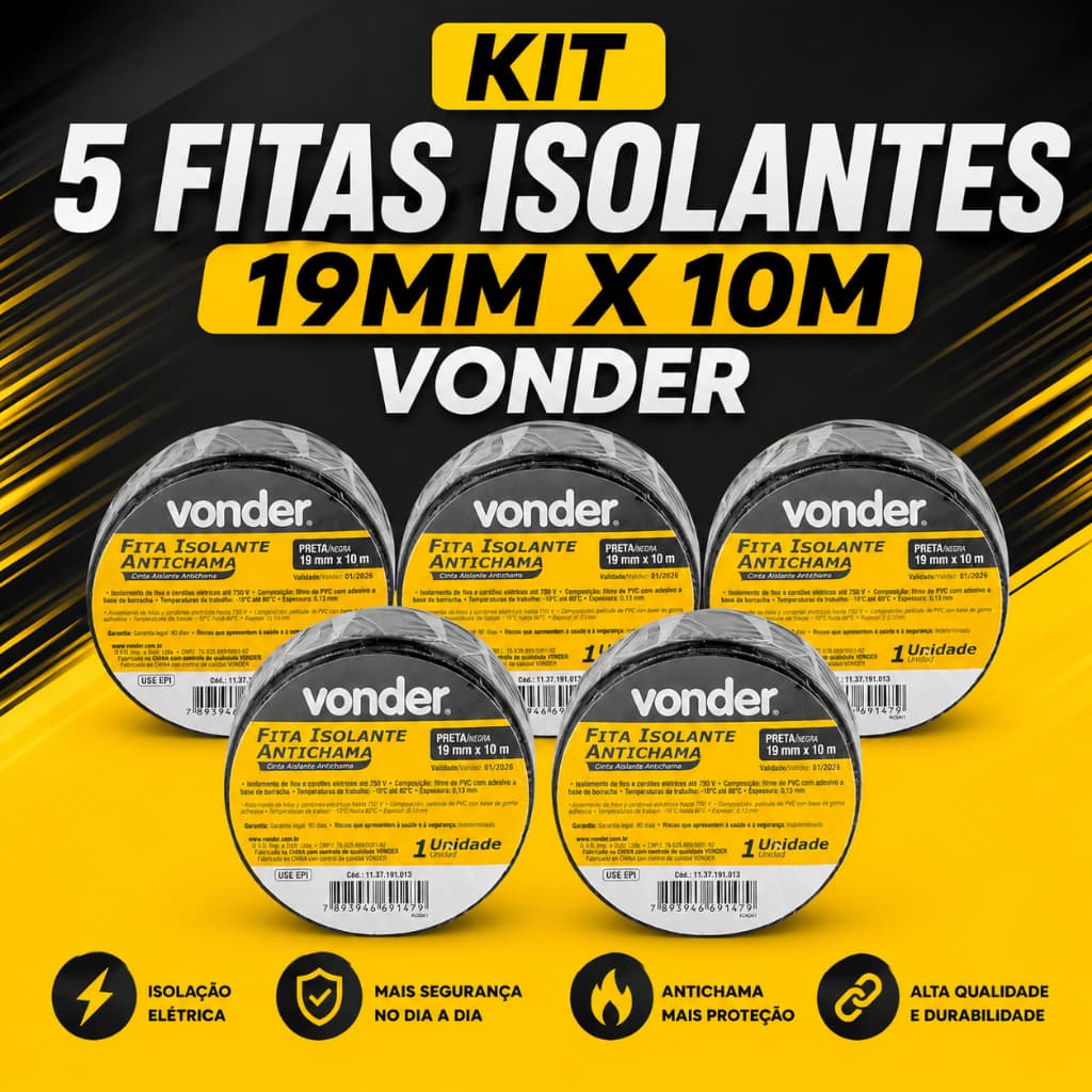 Kit 5 Fitas Isolante 19mm x 10 Metros Preta Vonder Anti Chama