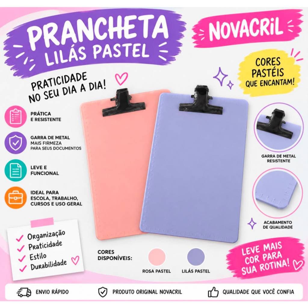 Prancheta A4 Novacril Acrílica Pastel com Garra de Metal Escolar Escritório