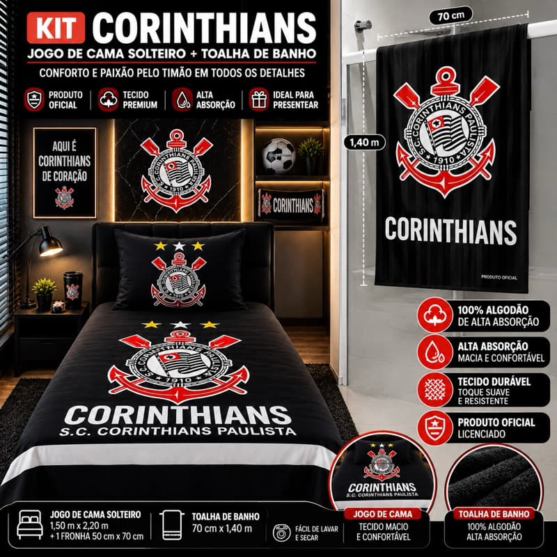 Kit Lençol Solteiro Corinthians Oficial + Toalha de Banho 100% Algodão Fronha Time Futebol Licenciado