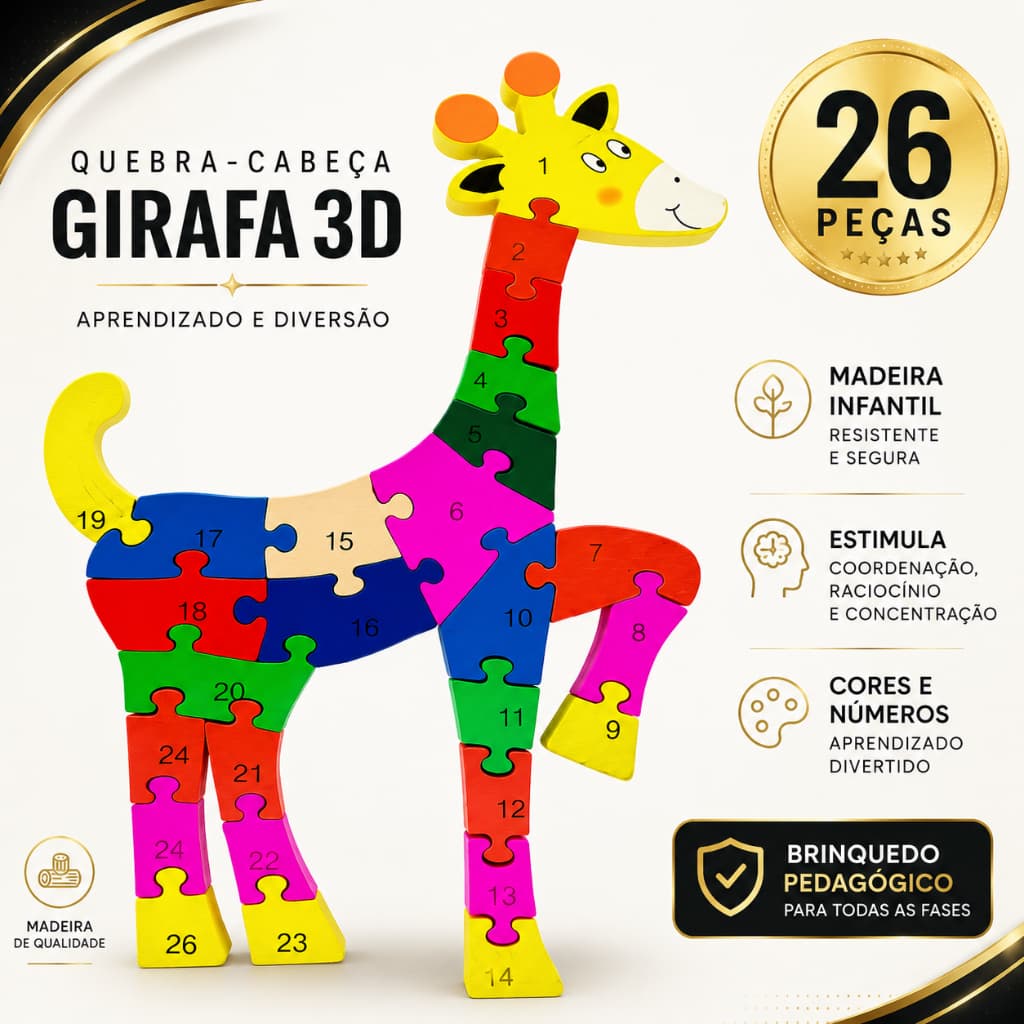Quebra Cabeça 3D Girafa de Madeira Brinquedo Educativo Infantil para Montar - Pedagógico Montessori