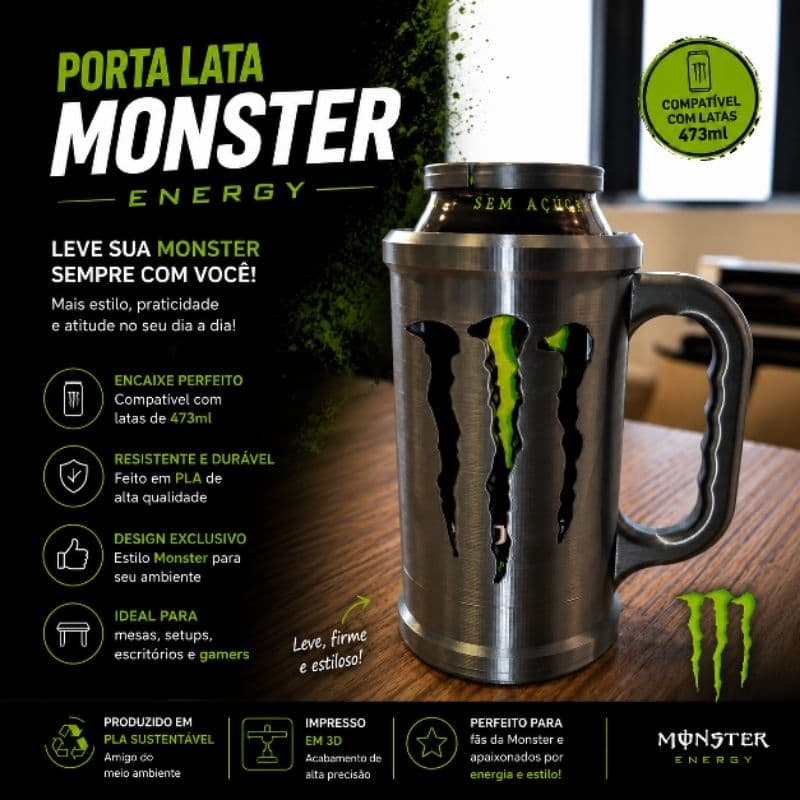 Porta Lata Monster 473ml Térmico Tampa Alça em PLA Resistente
