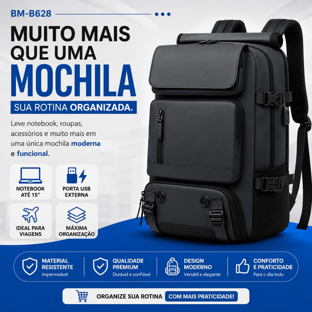 Mochila Executiva Notebook USB Impermeável Dobrável Viagem Masculina Feminina BM-B628 Premium