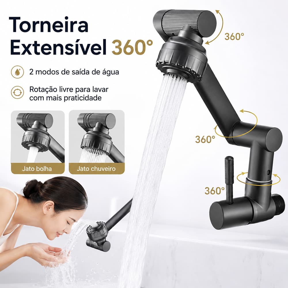 Torneira 360 Graus Braço Robótico Articulada Preta 2 Modos de Jato para Banheiro Lavatório