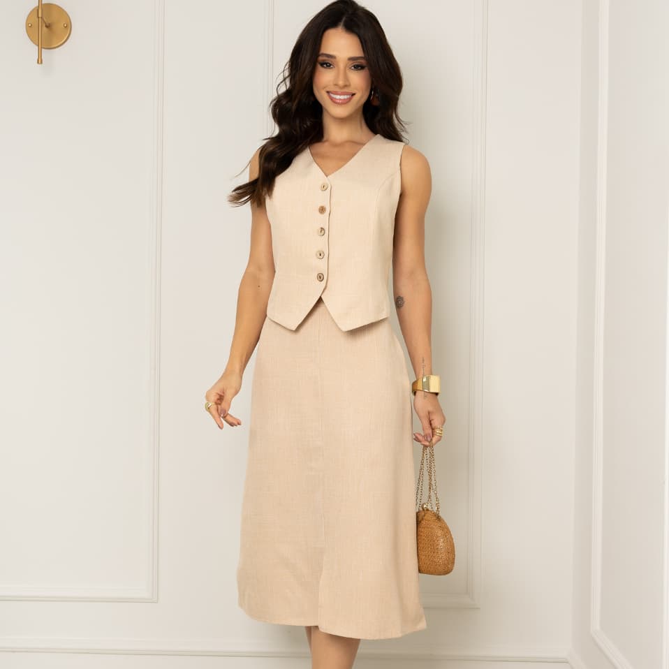 Conjunto Feminino Alfaiataria Elegante Colete e Saia Midi Social Luxo