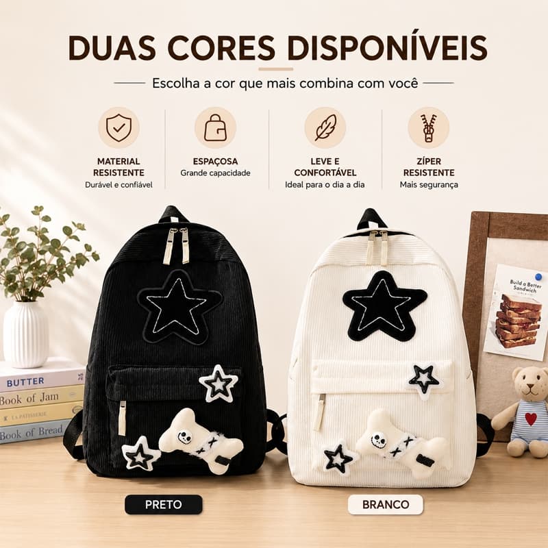 Mochila Feminina Escolar Kawaii Estrela Grande Capacidade Veludo Cotelê Coreana Faculdade Adolescente Viagem