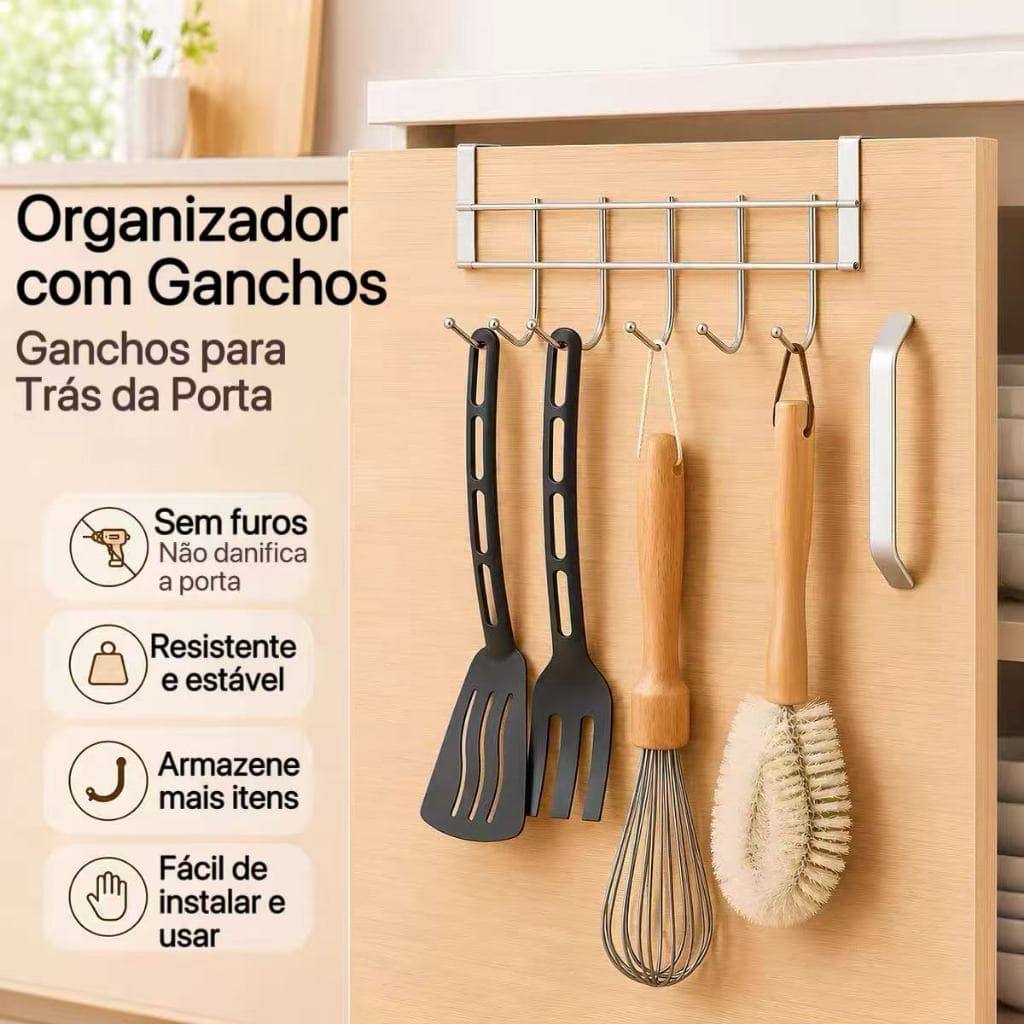 Cabide de Porta em Inox Casita com 5 Ganchos – Multiuso Sem Furo para Portas de Armário