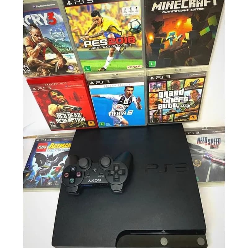 ps3 slim , jogos , controle, gta 5 , red dead , fifa , pes , minecraft