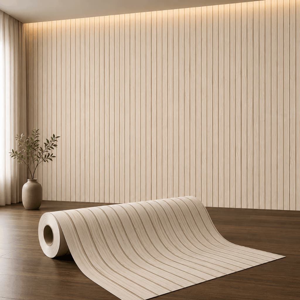 Papel de Parede Adesivo Ripado Madeira Clara 3D Lavável para Sala Quarto e Decoração Moderna