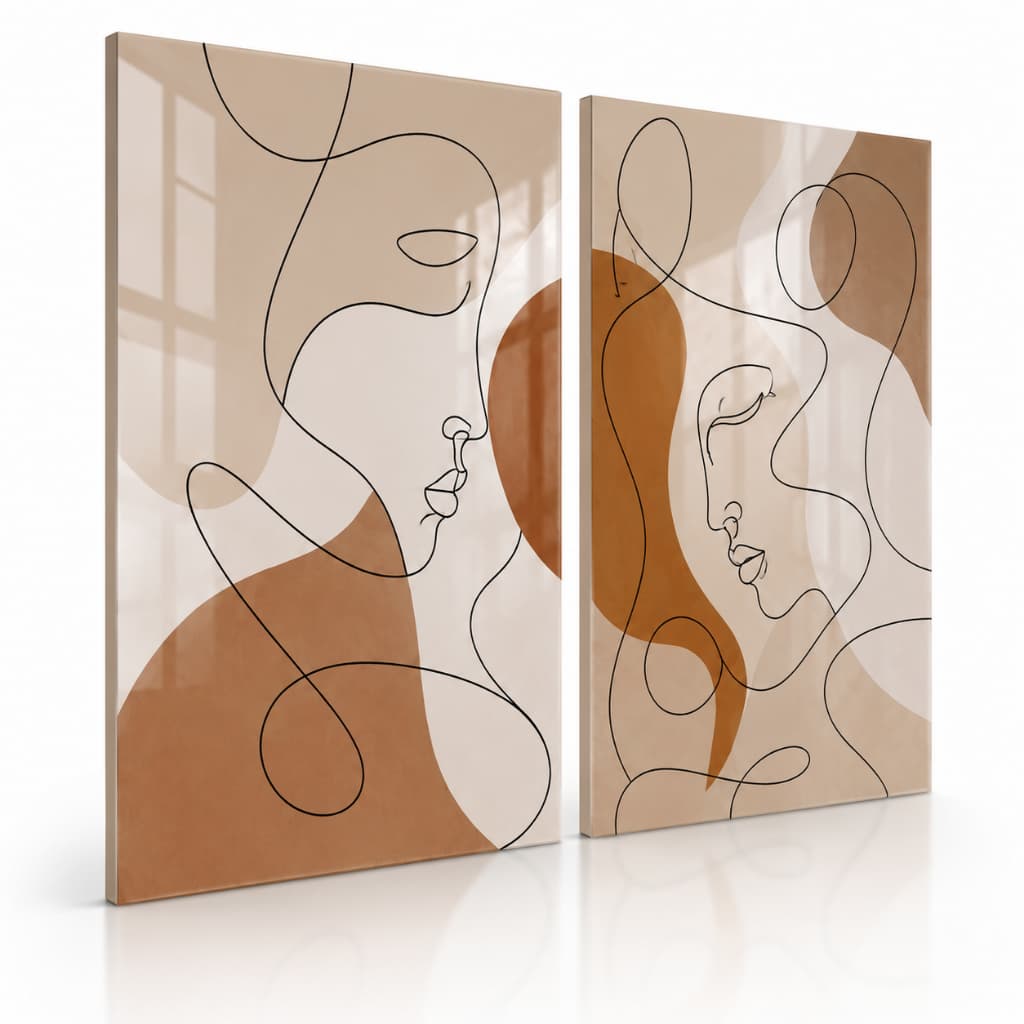 Kit 2 Quadros Decorativos Abstratos Femininos Line Art Tons Terrosos para Sala e Quarto