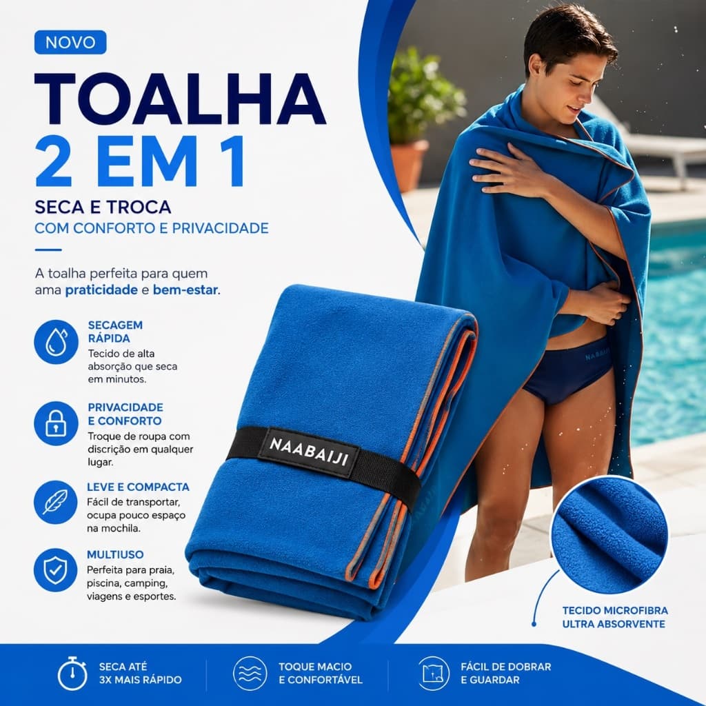 Toalha Secagem Rápida Microfibra Piscina/Mar/Natação 80x130cm Grande