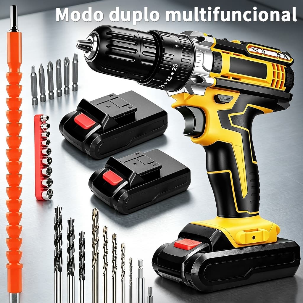 Furadeira Parafusadeira 21V Sem Fio Amarela com 2 Baterias 1 Carregador Maleta e Kit 28 Peças